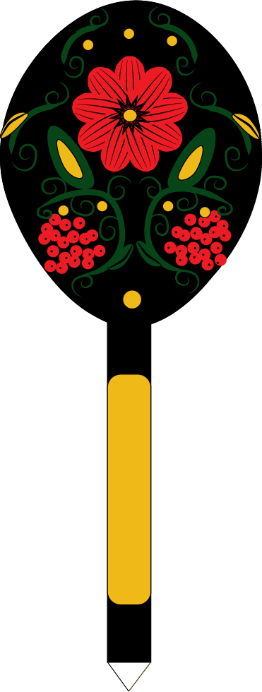 Hand-painted Khokhloma spoon in the Kudrina style: black field, crimson rosette, gold leaves, rowan berries